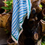 Load image into Gallery viewer, Blue and white striped towel with green accents hanging on a rustic wooden structure.