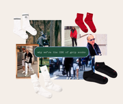 collage of carolyn bessett kenedy's street style along with our socks that match her aesthetic