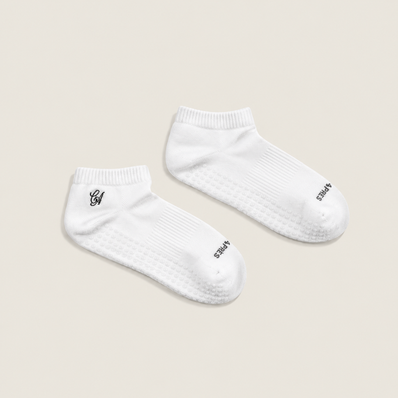 The Basic White Ankle Grip Sock — a white ankle-height grip sock with a silicone grip sole, by Café Après