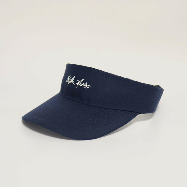 Navy visor with white text on a light gray background