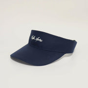 Navy visor with white text on a light gray background