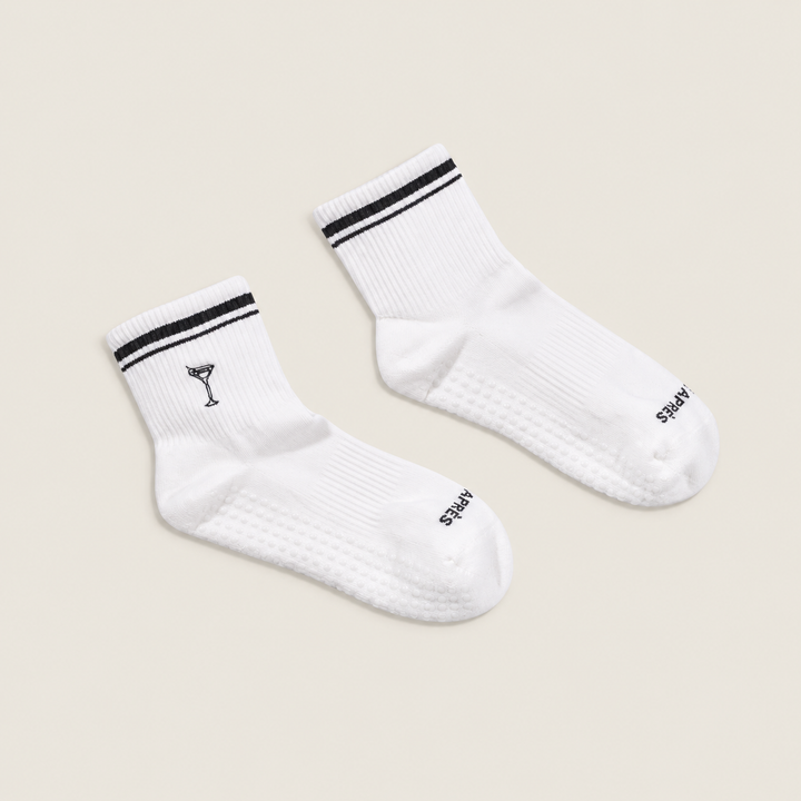 The Ellsworth Martini Quarter Grip Sock — a navy and white quarter grip sock with contrast striping and an embroidered martini motif