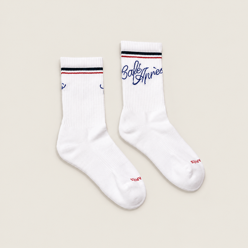 The Spottswood Crew Everyday Sock — a striped crew sock in Café Après script